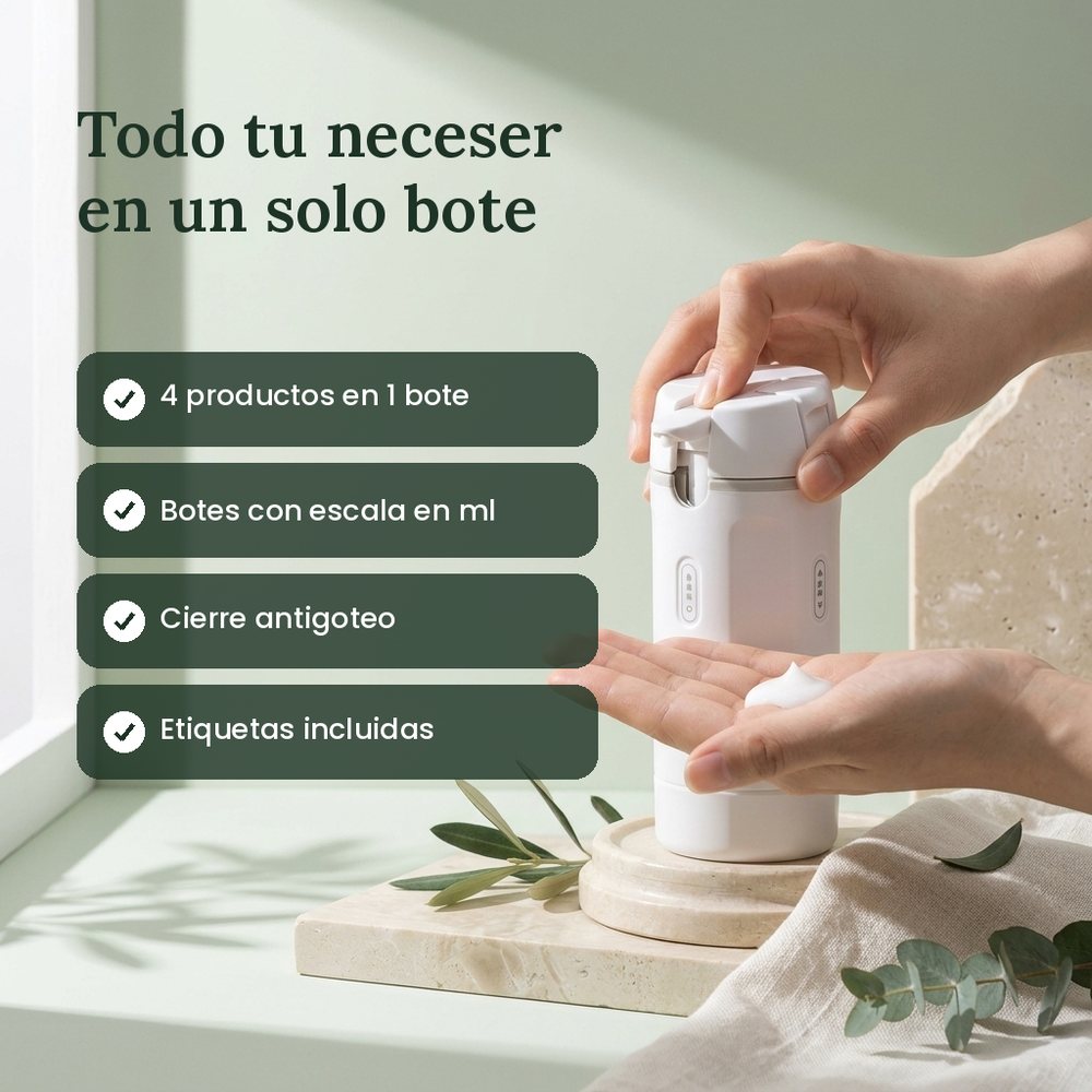 Todo tu neceser en un solo bote: 4 productos, escala en ml, antigoteo, etiquetas incluidas